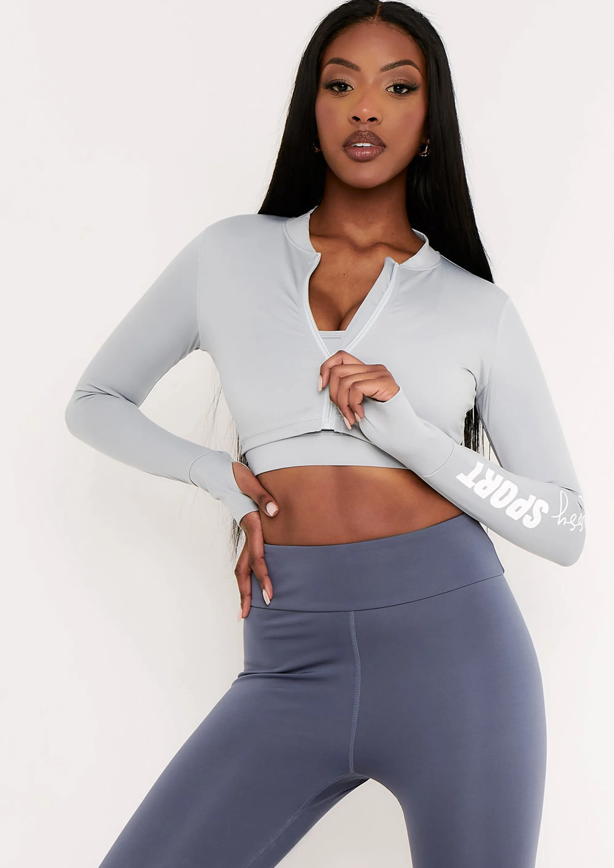 Missy Empire Tana Pale Blue Missy Sport Zip Through Cropped Gym Jacket^Women Activewear