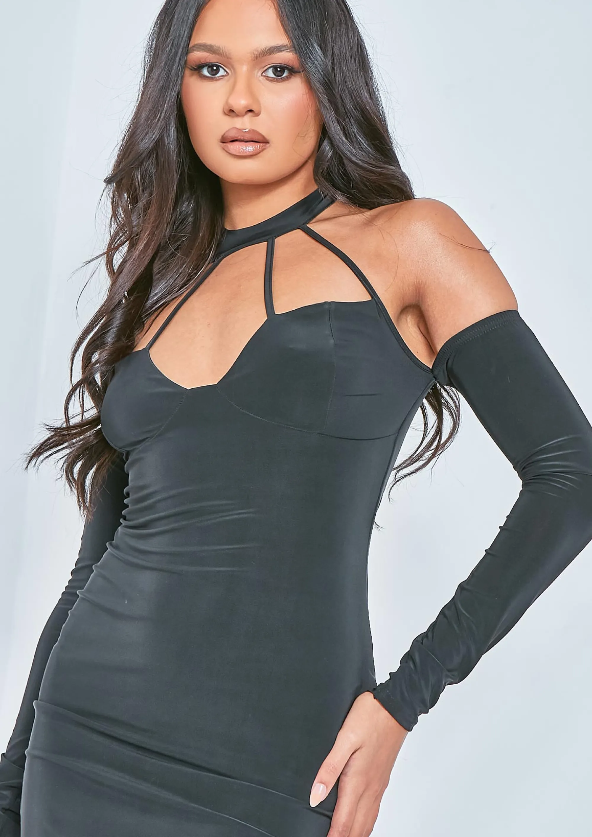 Missy Empire Taryn Black High Neck Cut Out And Sleeve Detail Mini Dress^Women Dresses