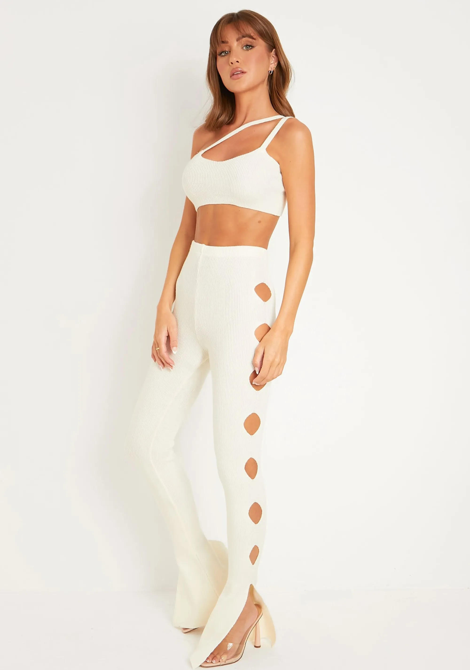 Missy Empire Tessa Cream Knitted Split Hem Trousers^Women Trousers