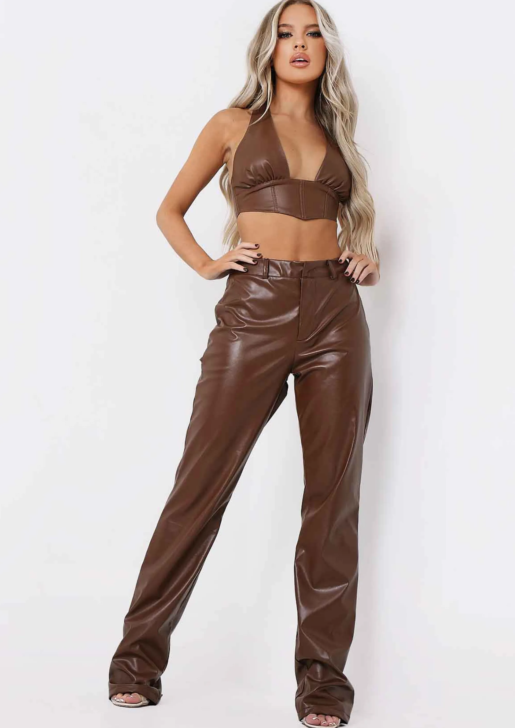 Missy Empire Teyana Chocolate Pu Bum Split Detail Trousers^Women Trousers