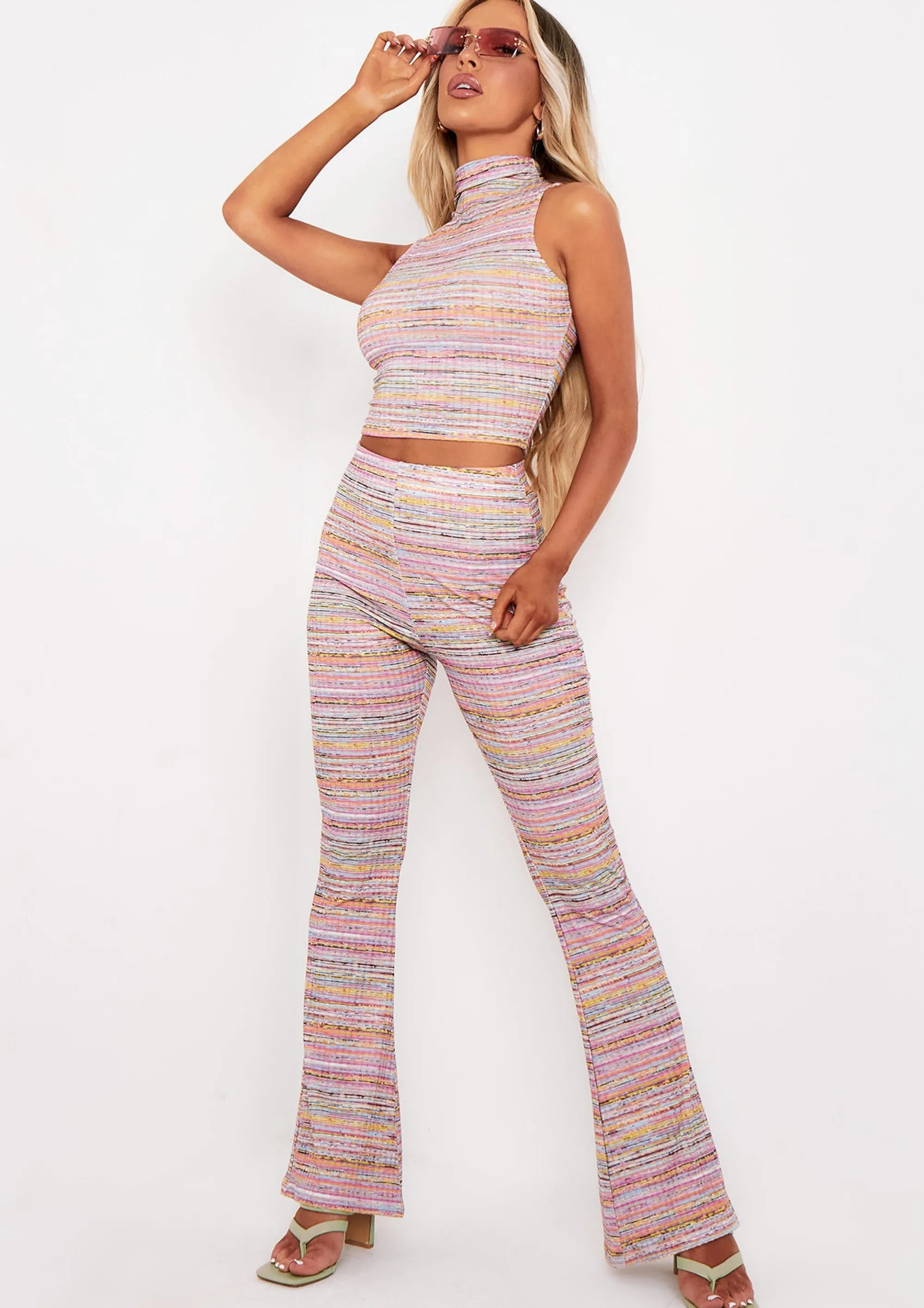 Missy Empire Tiffany Pink Space Dye High Waisted Flared Trousers^Women Trousers