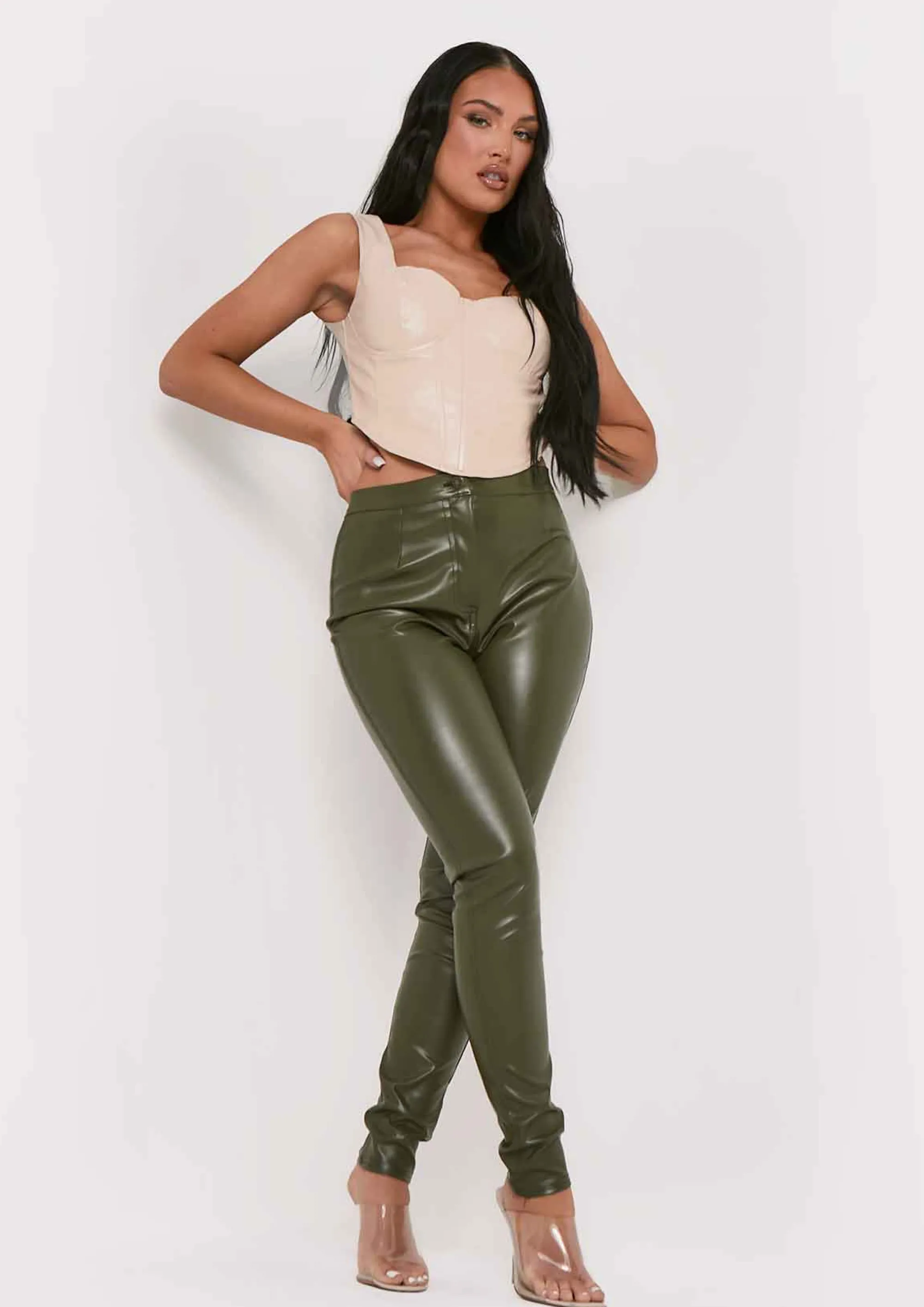 Missy Empire Urmi Khaki Vegan Leather Pu Skinny Trousers^Women Trousers