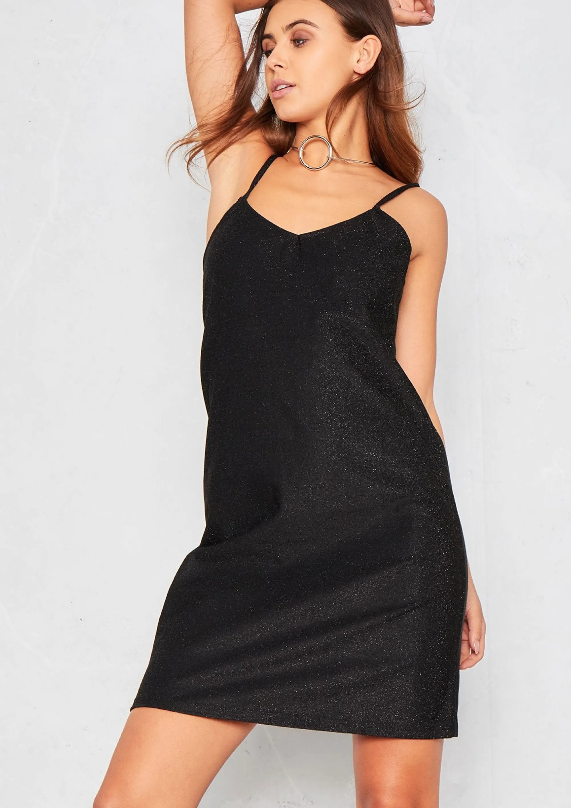 Missy Empire Valarie Black Glitter Mini Slip Dress^Women Dresses