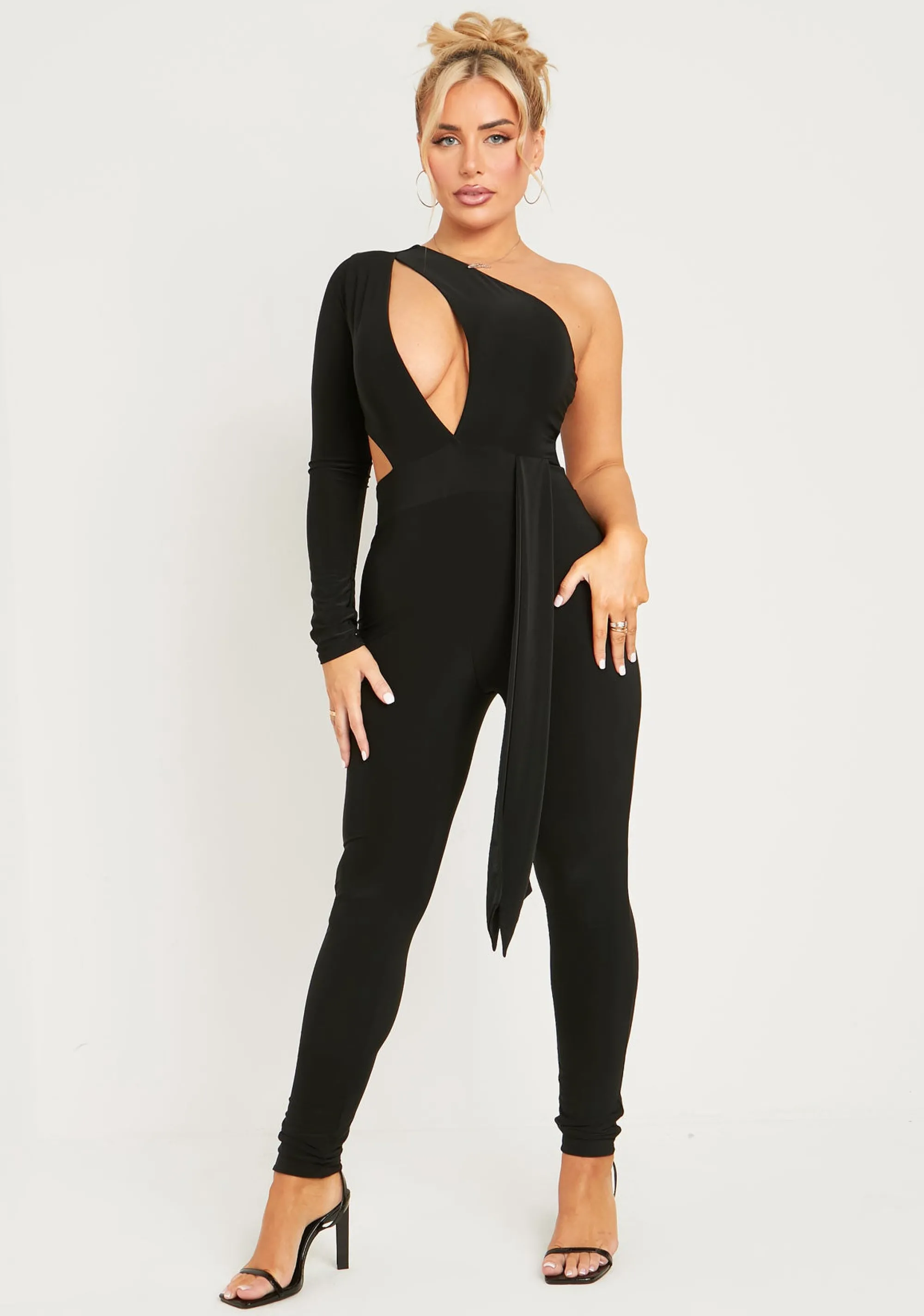 Missy Empire Valencia Black Double Layer Slinky Cut Out One Shoulder Jumpsuit^Women Jumpsuits & Playsuits