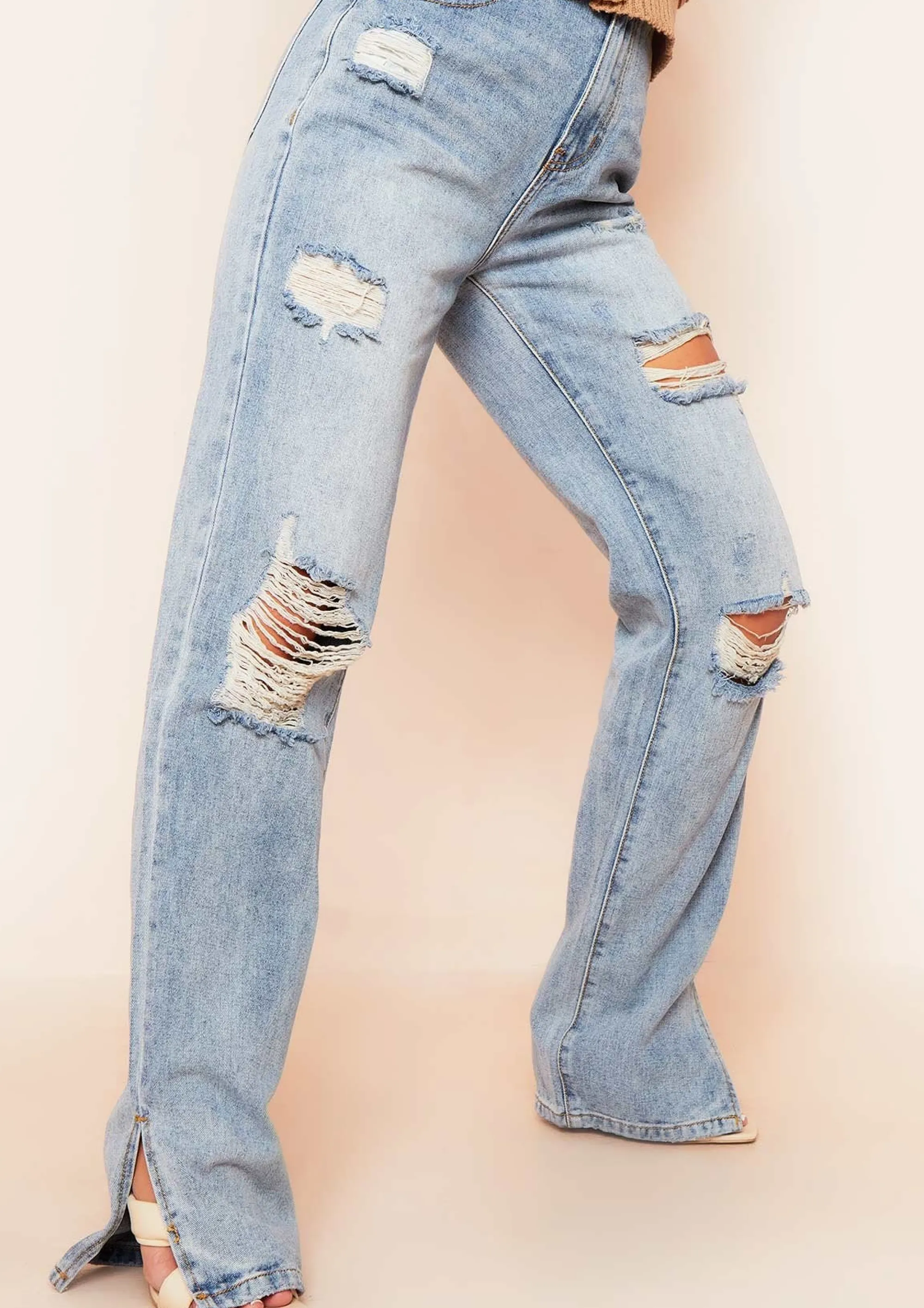 Missy Empire Valerie Mid Wash Ripped Split Hem Straight Leg Jeans Cheap