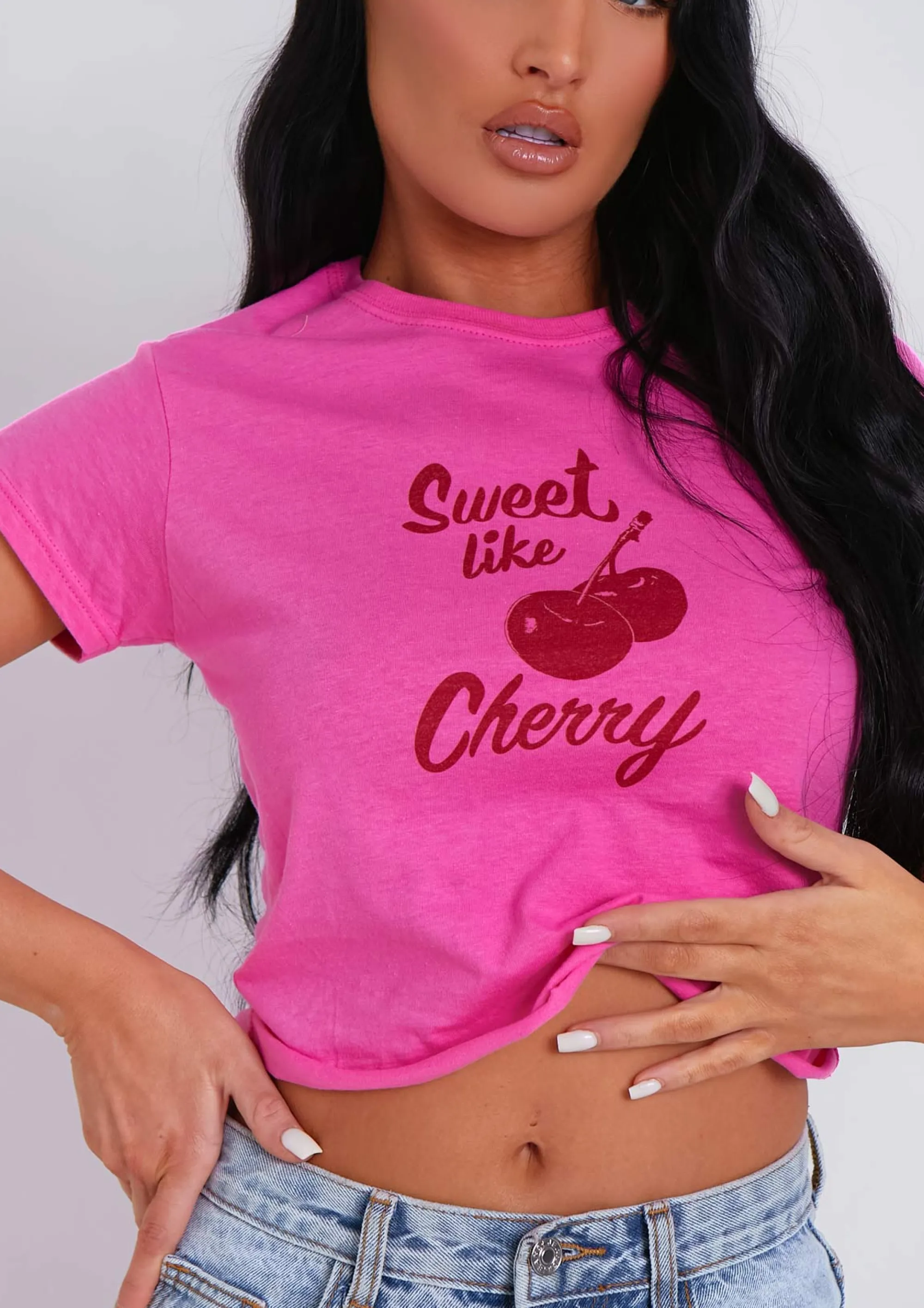 Missy Empire Xena Pink Sweet Like Cherry Graphic Crop Top Fashion