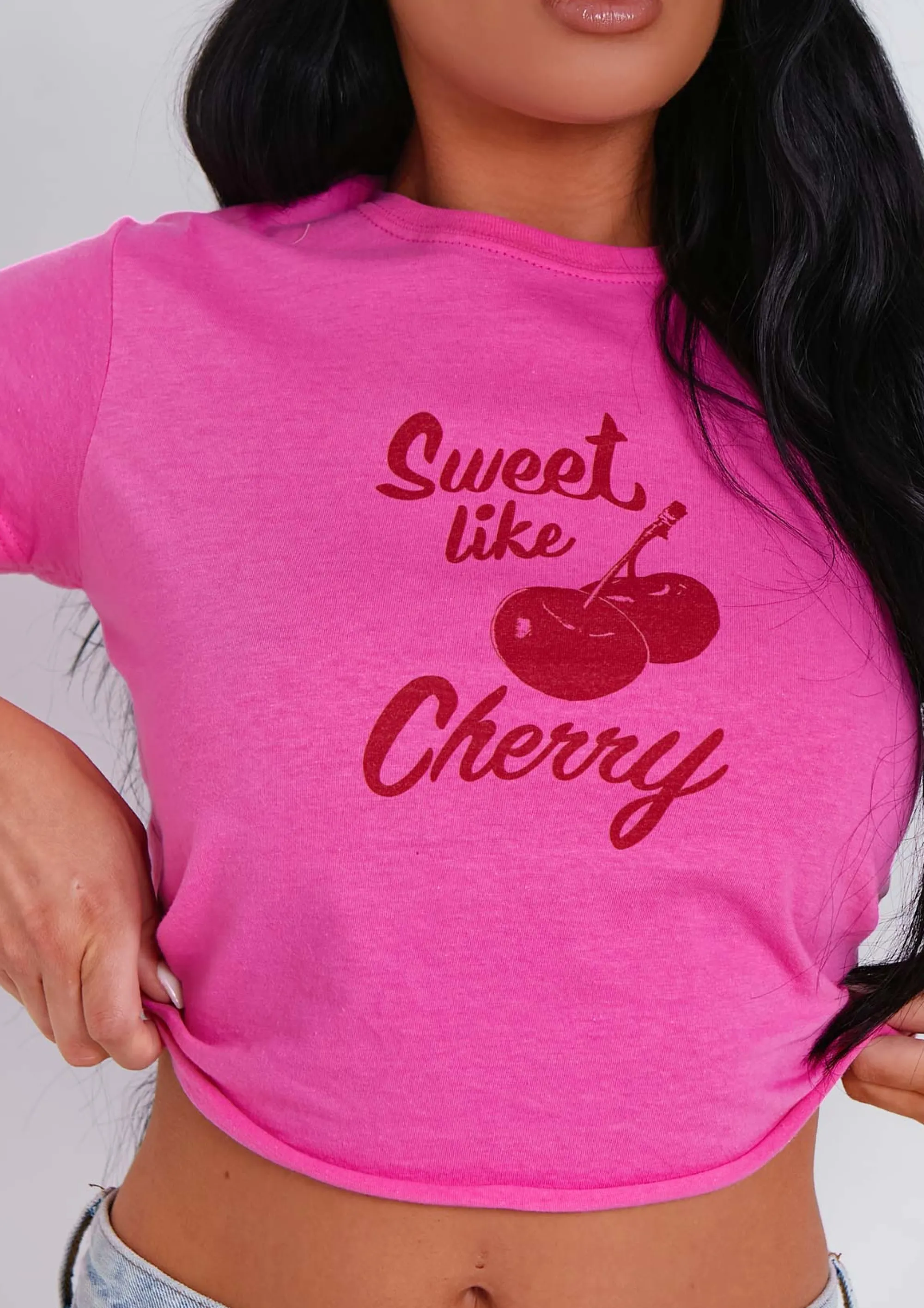 Missy Empire Xena Pink Sweet Like Cherry Graphic Crop Top Fashion