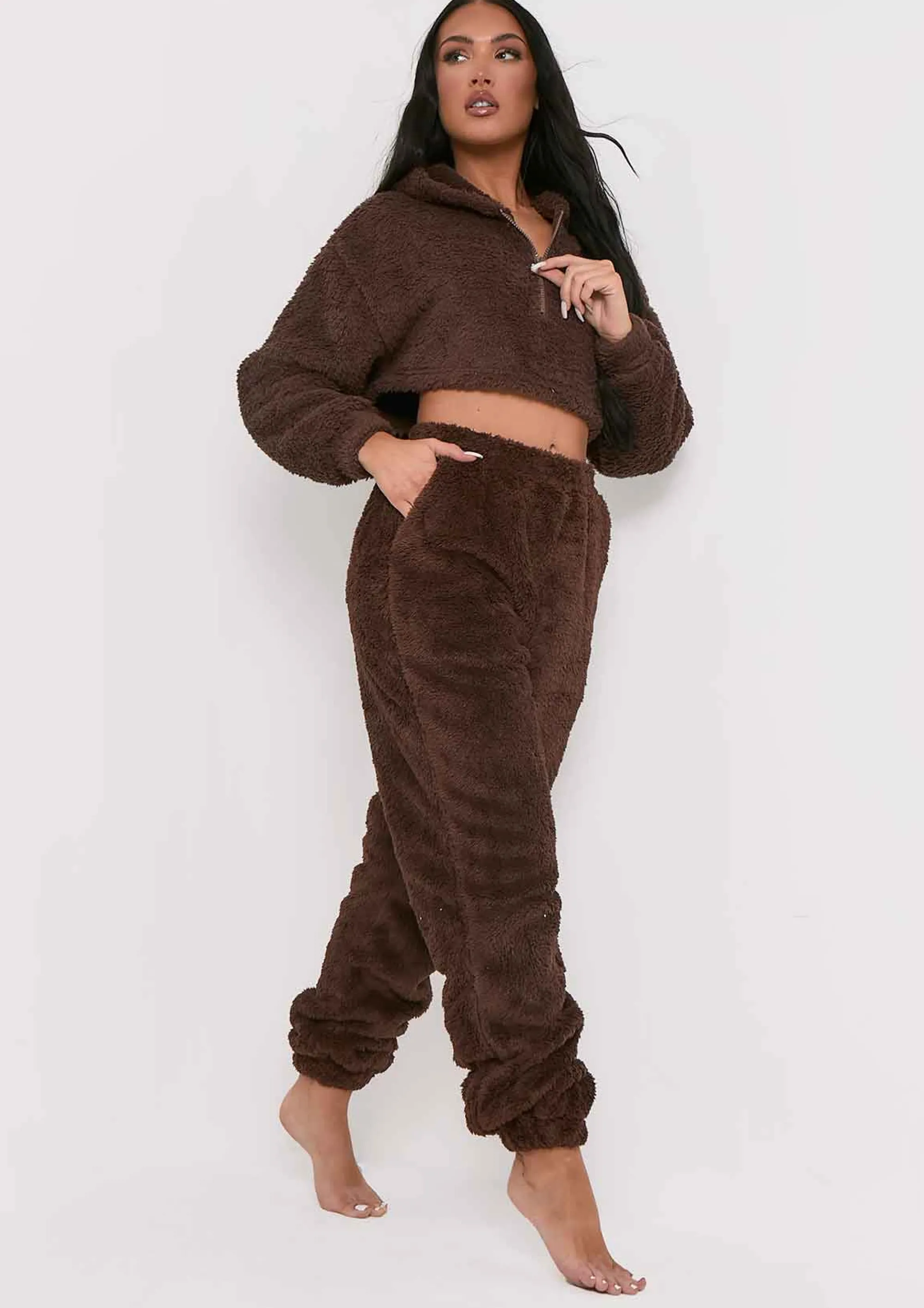 Missy Empire Yasmine Chocolate Fluffy Teddy Borg Casual Oversized Joggers^Women Nightwear