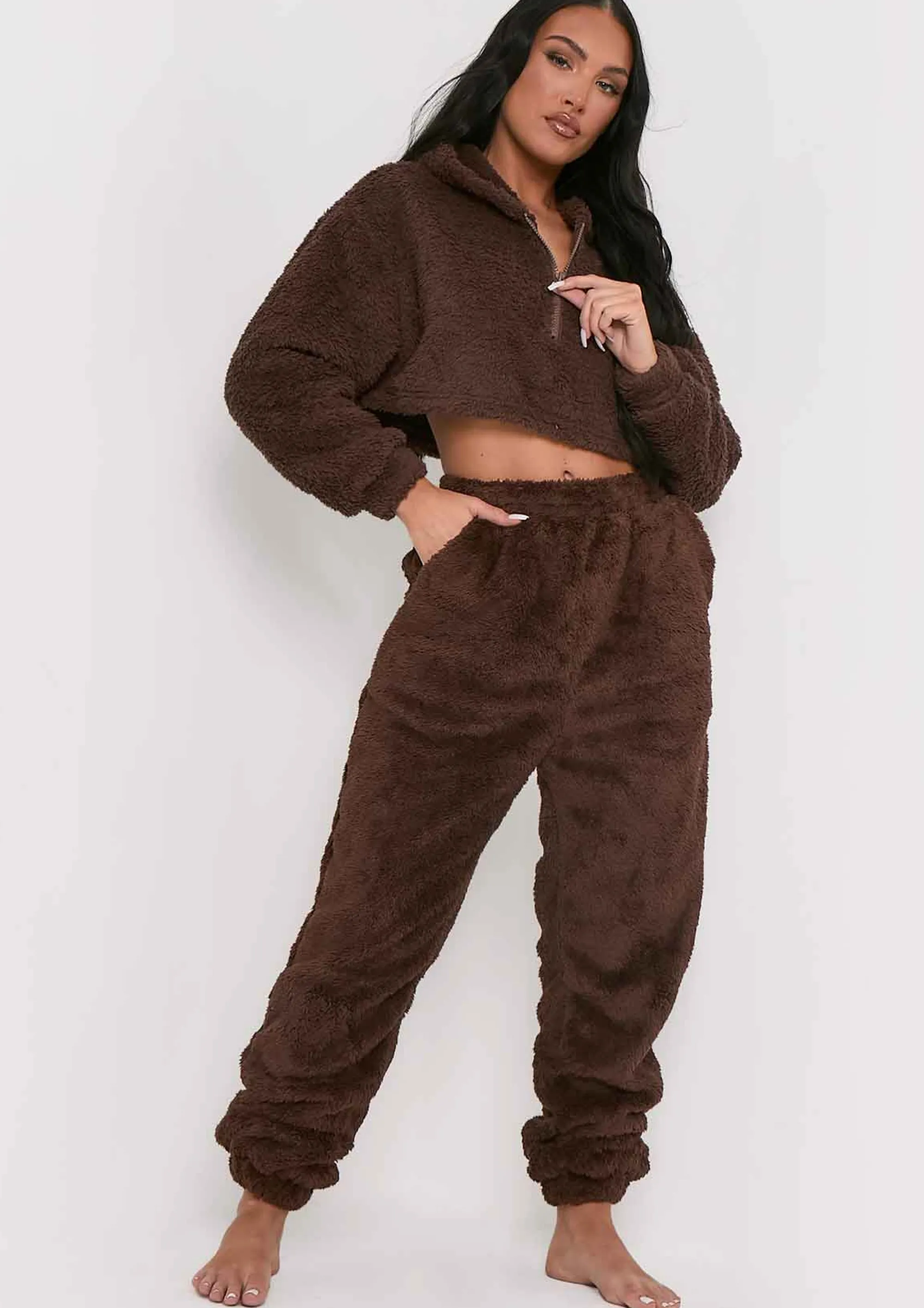 Missy Empire Yasmine Chocolate Fluffy Teddy Borg Casual Oversized Joggers^Women Nightwear