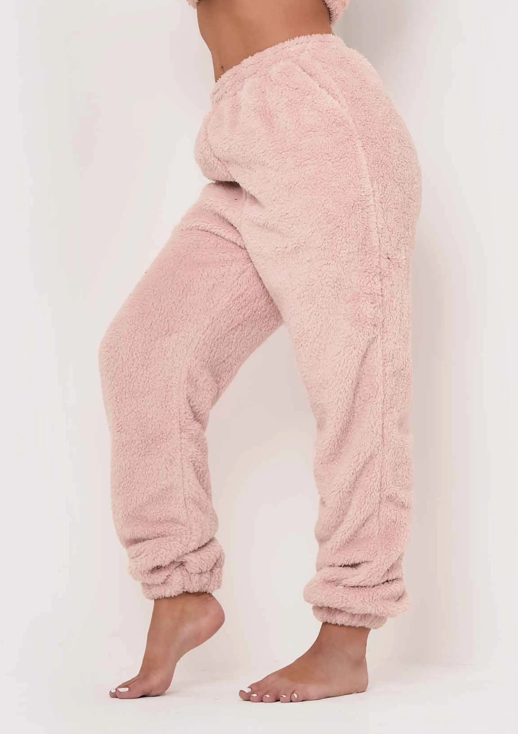 Missy Empire Yasmine Pink Fluffy Teddy Borg Casual Oversized Joggers^Women Nightwear