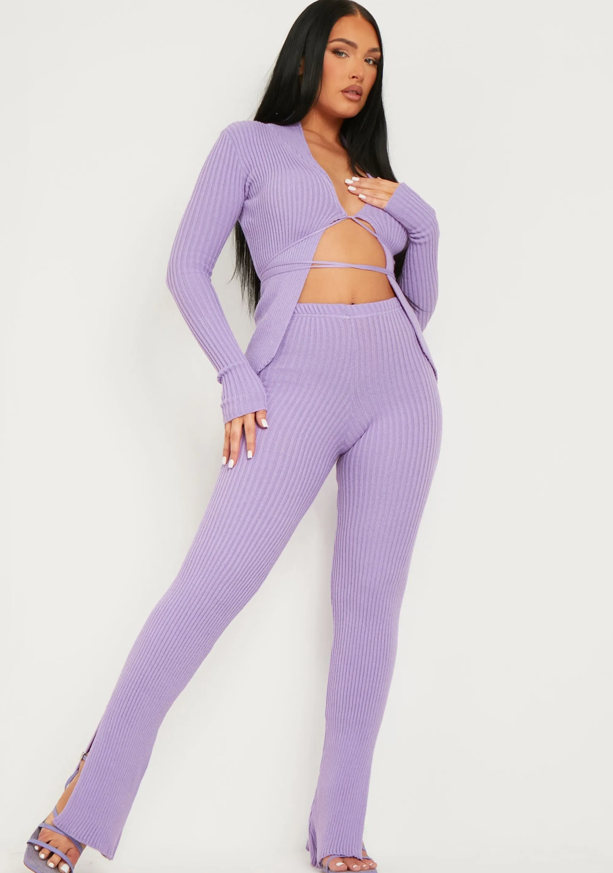 Missy Empire Yuna Purple Ribbed Knitted Side Split Trouser^Women Trousers