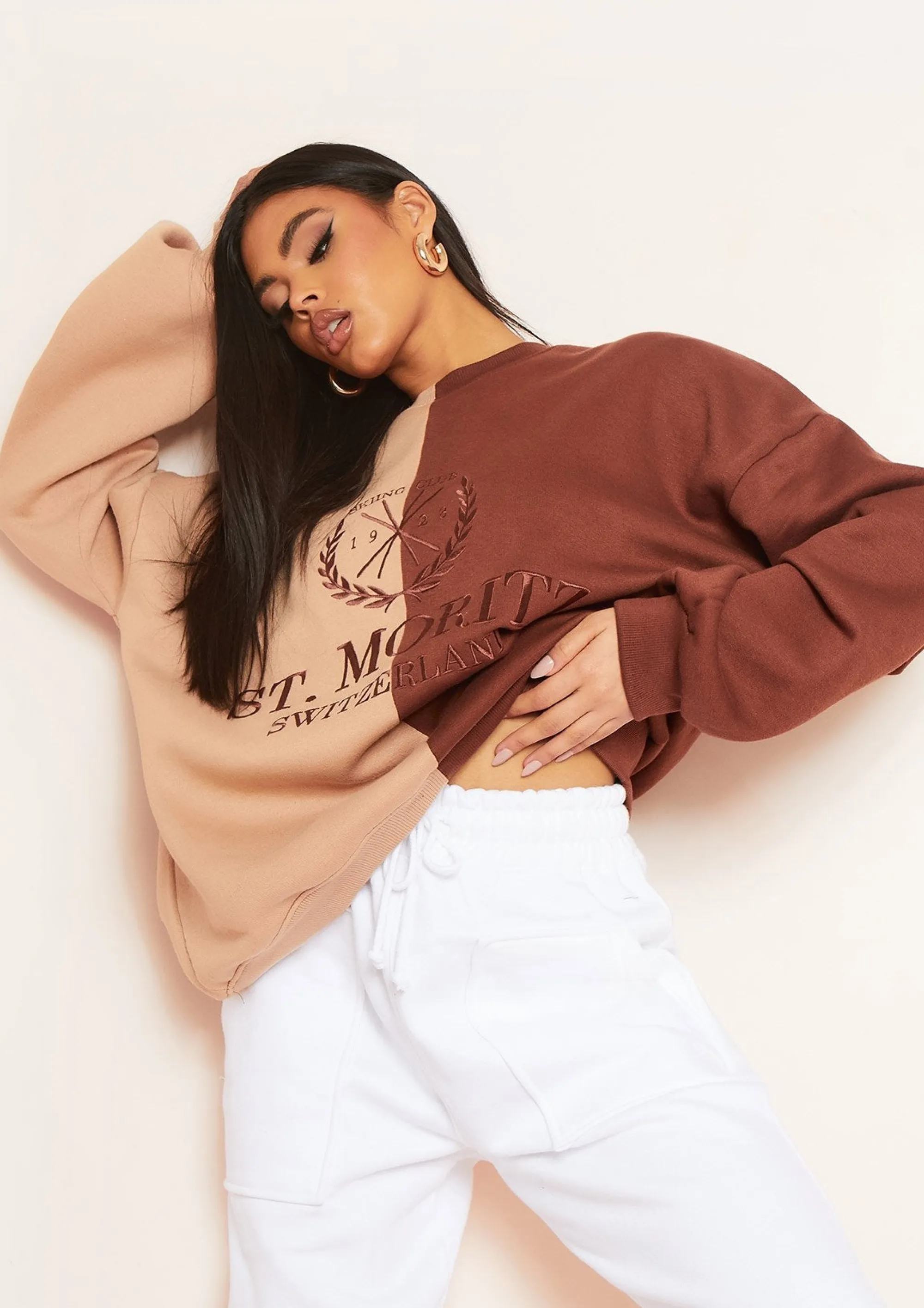Missy Empire Zee Brown Spliced St Moritz Slogan Oversized Sweatshirt Cheap