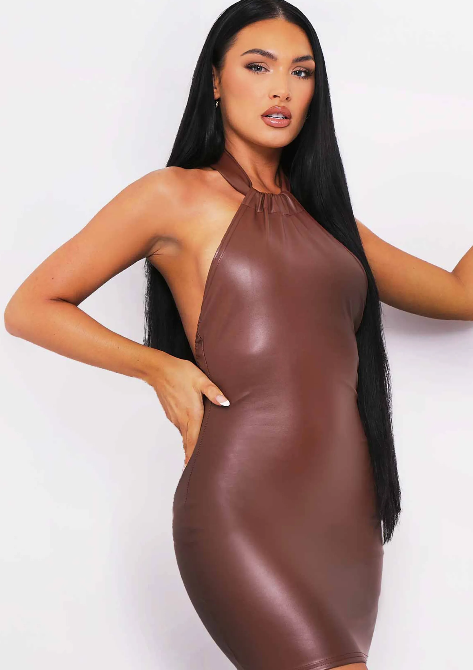 Missy Empire Zia Chocolate Pu Halterneck Dress^Women Dresses