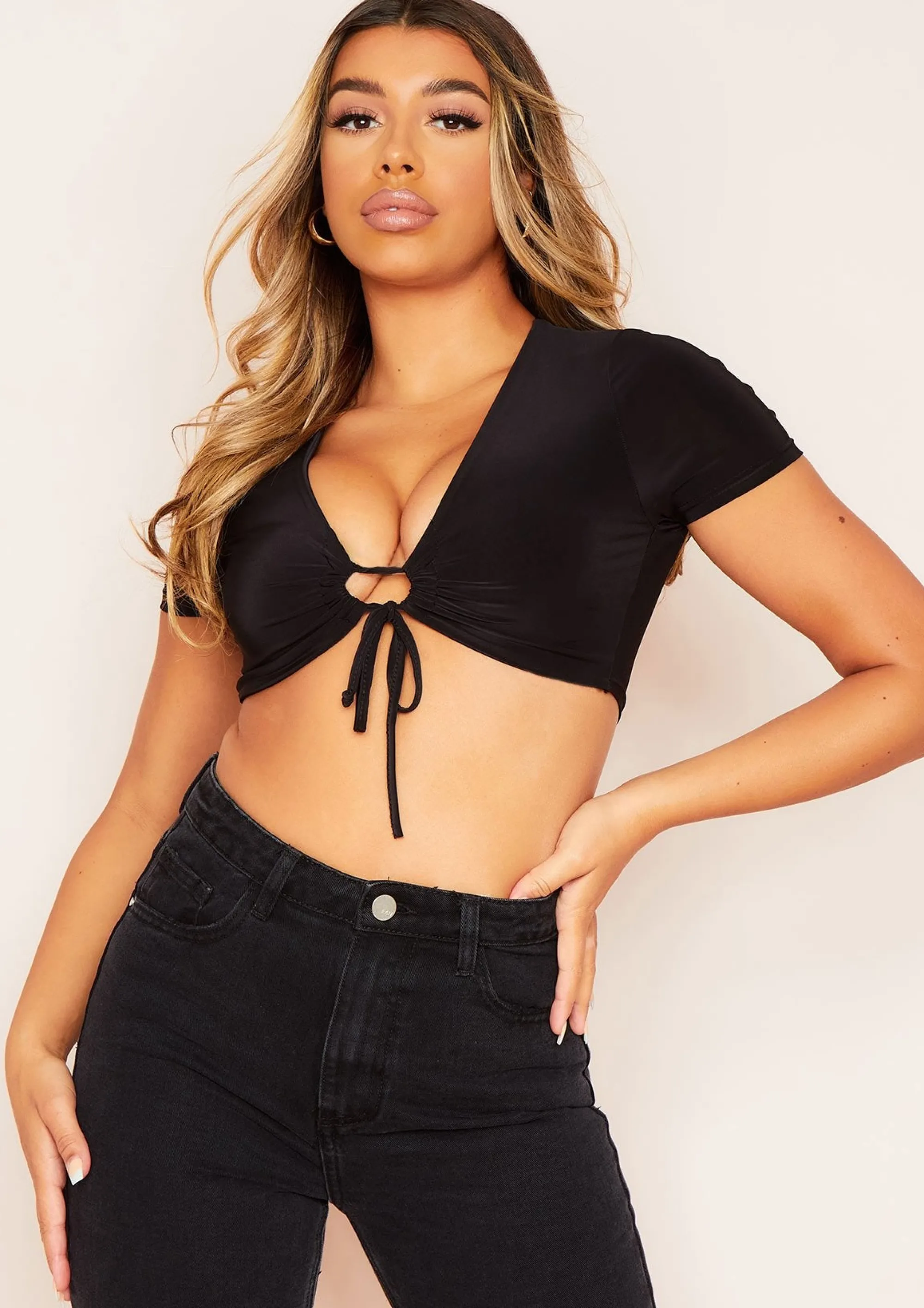 Missy Empire Zoe Black Front Hoop Tie Slinky Crop Top Sale