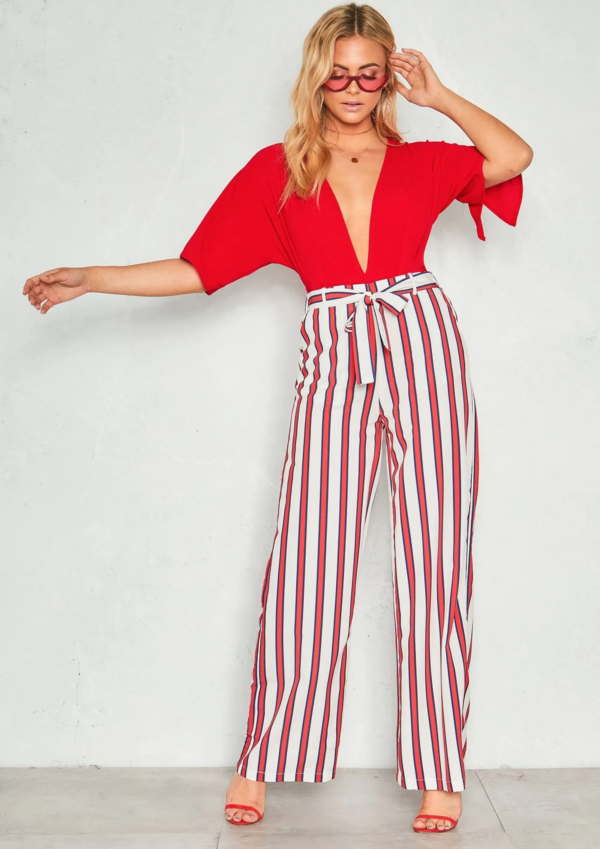 Missy Empire Zuri Red Stripe Belted Flare Trousers^Women Trousers