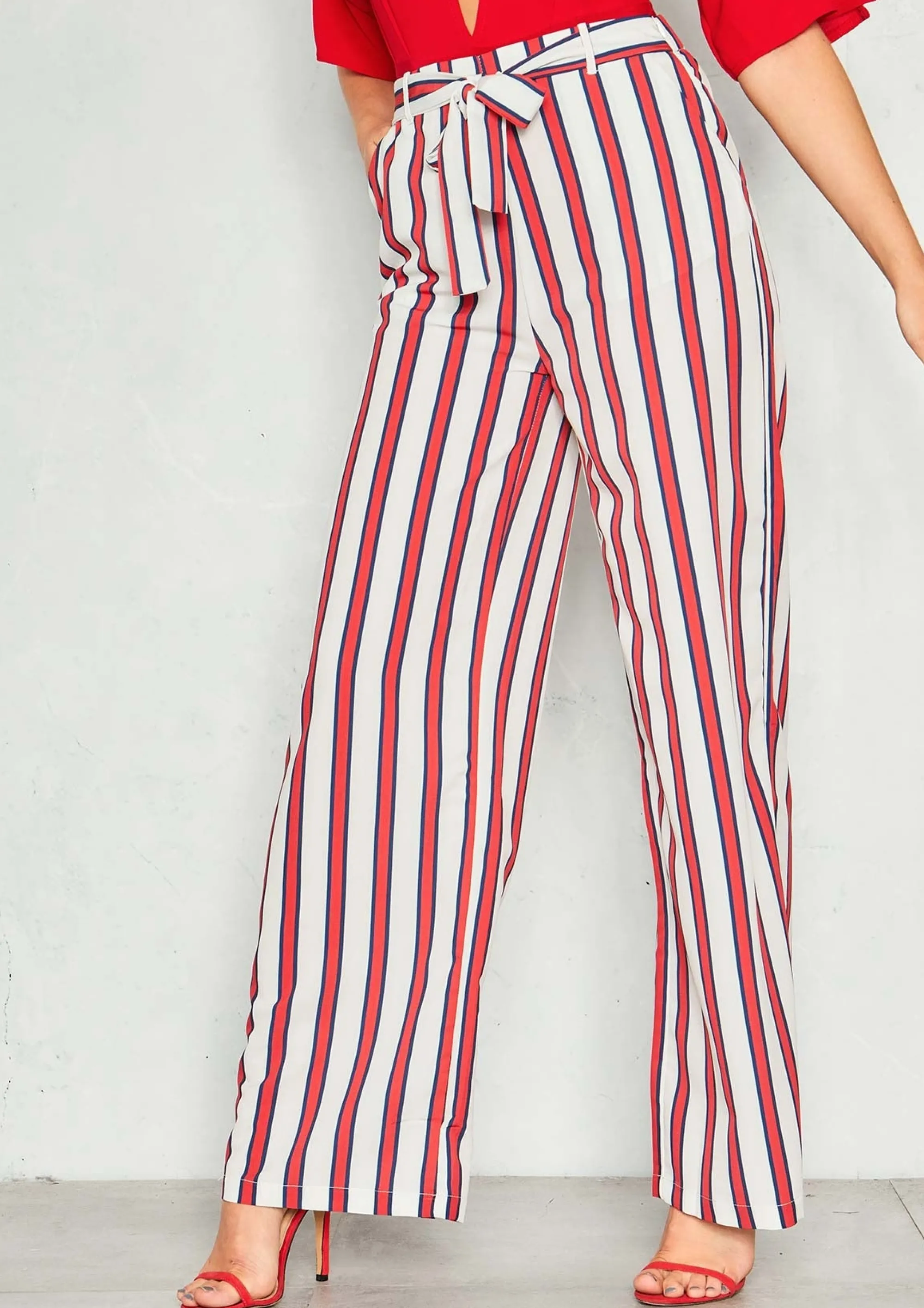 Missy Empire Zuri Red Stripe Belted Flare Trousers^Women Trousers